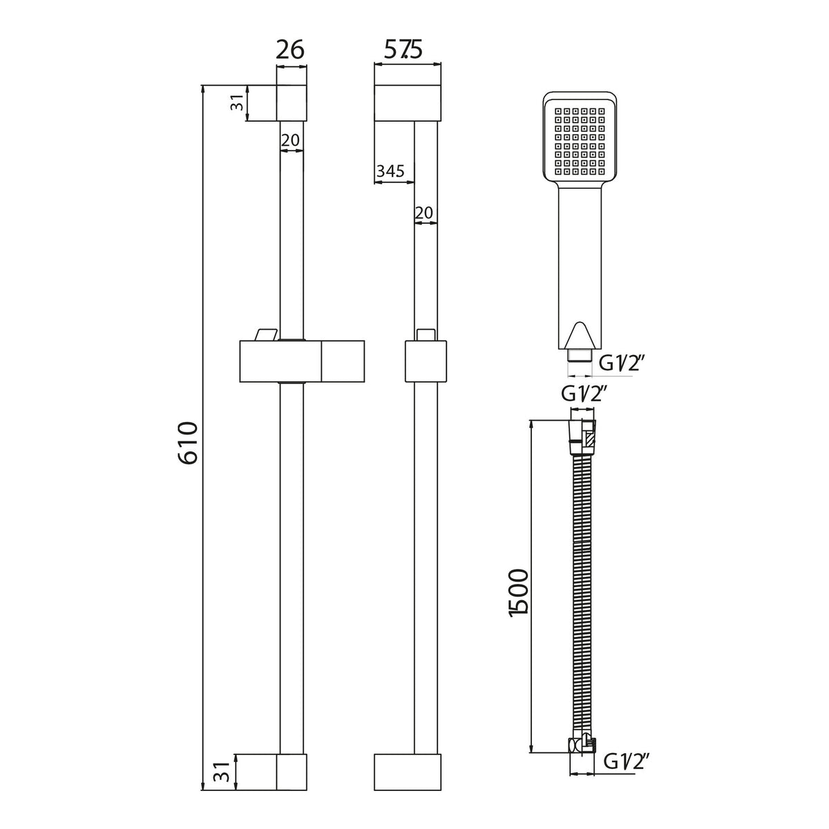 Scudo Square Riser Rail Kit - Chrome - technical drawing with dimensions