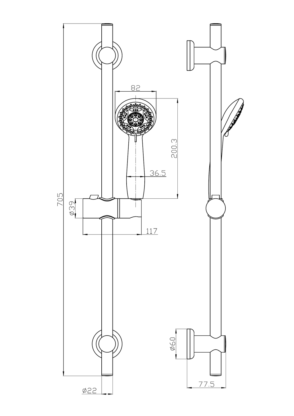 Scudo Chrome Round Slide Rail Kit with Multi-Function Handset - technical drawing with dimensions