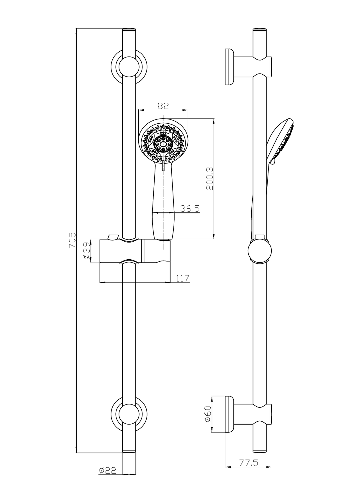 Scudo Chrome Round Slide Rail Kit with Multi-Function Handset - technical drawing with dimensions