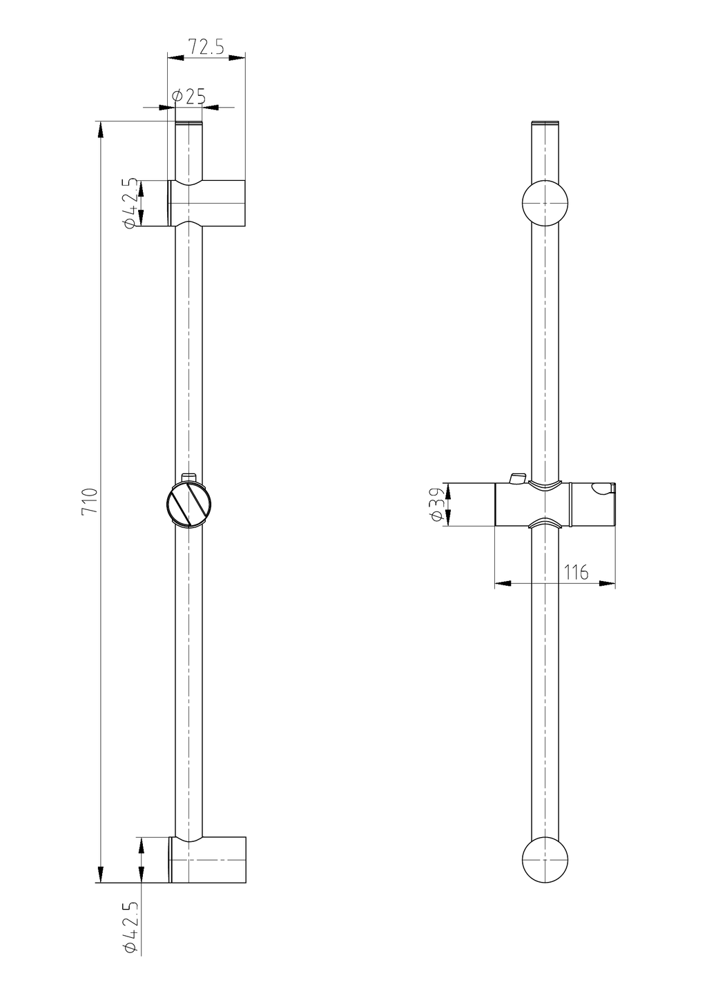 Scudo Middleton Chrome Slide Rail Kit With Adjustable Brackets And Handset - technical drawing with dimensions