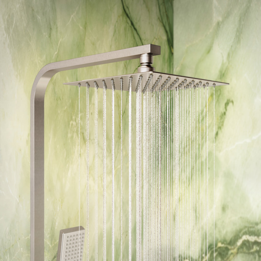 Scudo Elliot Square Rigid Riser Shower Kit, Brushed Nickel in a bathroom setting