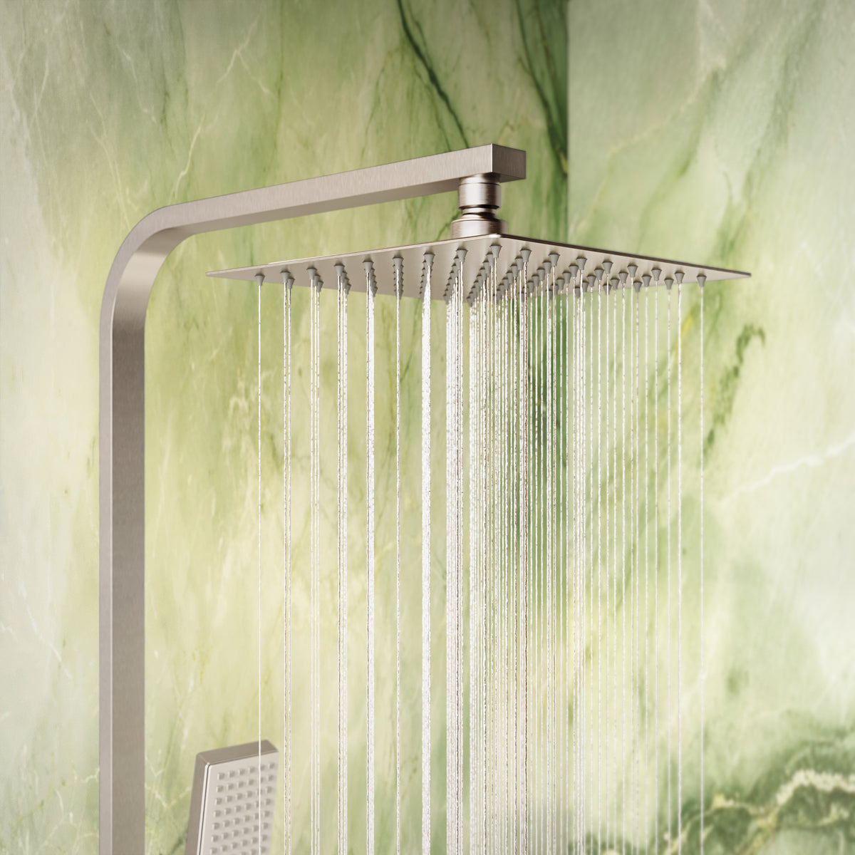 Scudo Elliot Square Rigid Riser Shower Kit, Brushed Nickel in a bathroom setting
