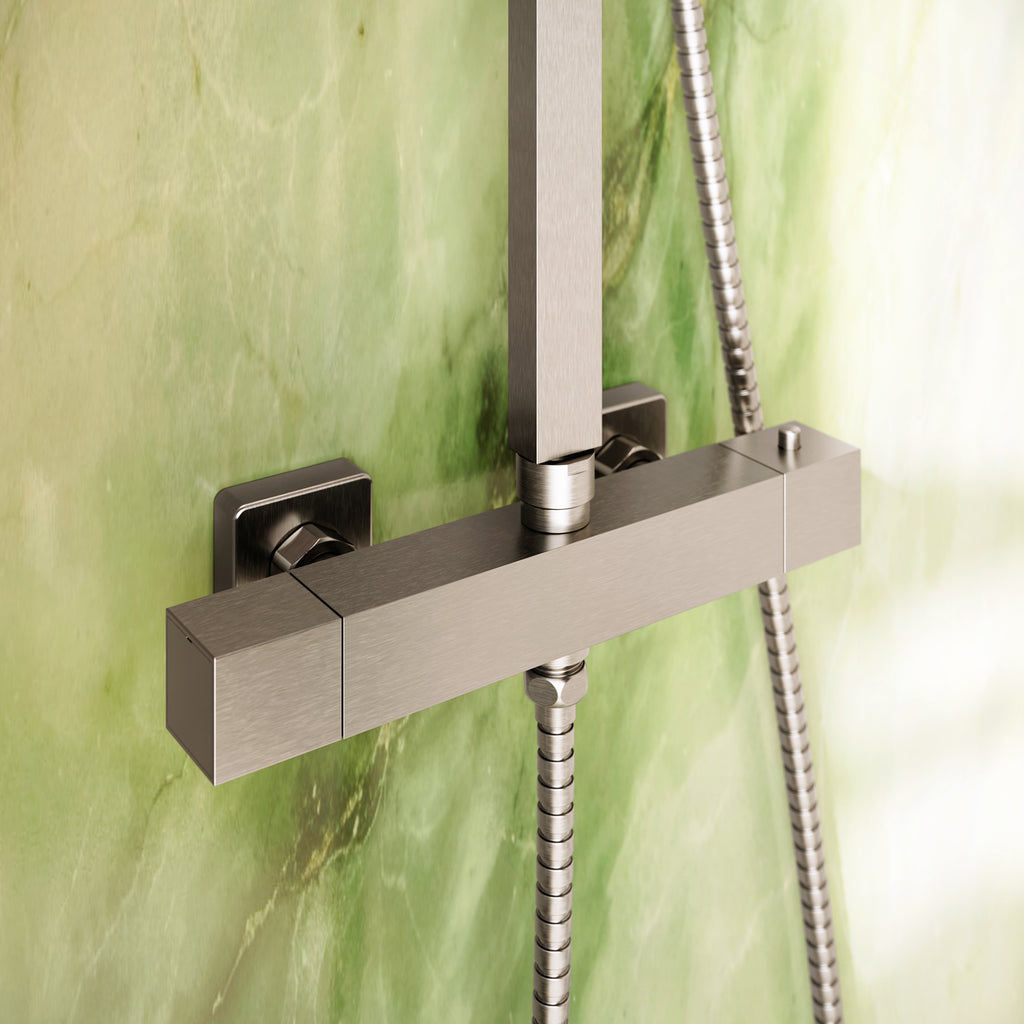 Scudo Elliot Square Rigid Riser Shower Kit, Brushed Nickel in a bathroom setting