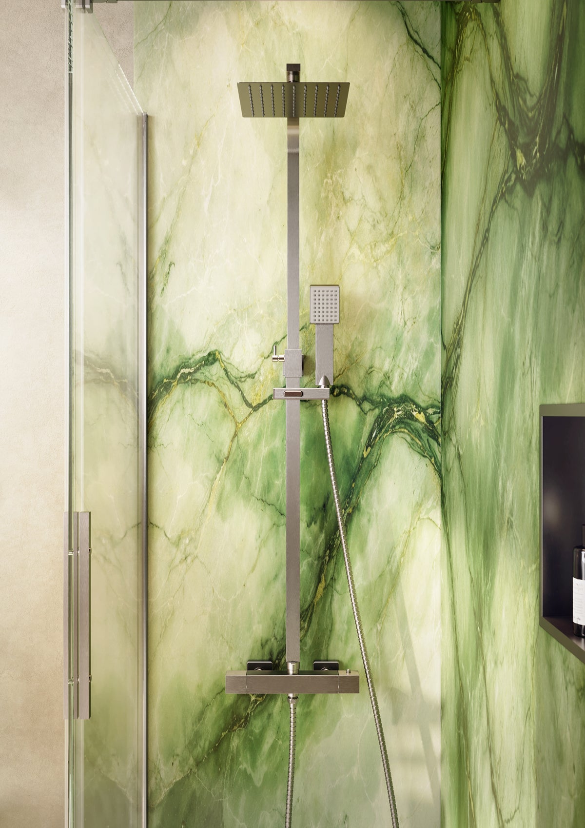 Scudo Elliot Square Rigid Riser Shower Kit, Brushed Nickel in a bathroom setting