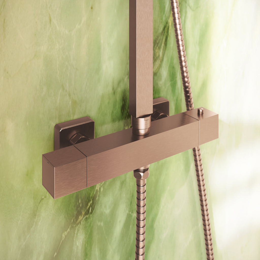 Scudo Elliot Square Rigid Riser Shower Kit, Brushed Bronze in a bathroom setting