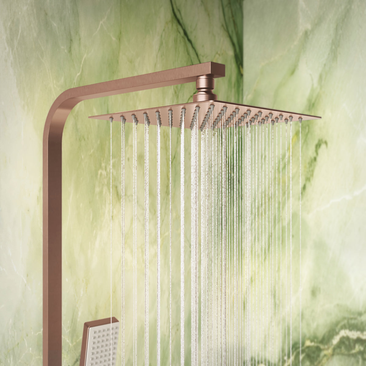 Scudo Elliot Square Rigid Riser Shower Kit, Brushed Bronze in a bathroom setting