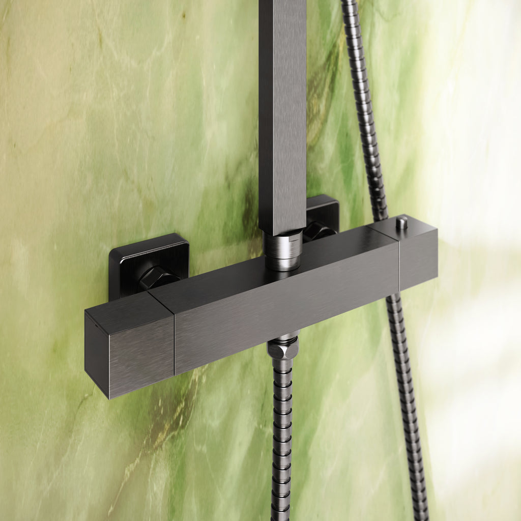 Scudo Elliot Square Rigid Riser Shower Kit, Gunmetal in a bathroom setting