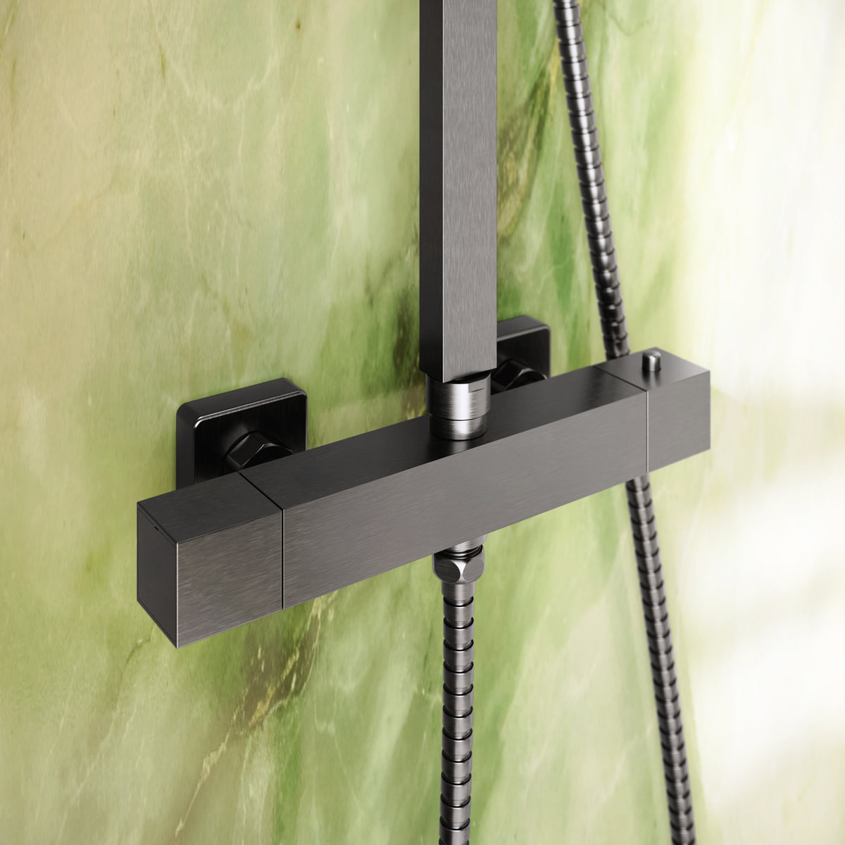 Scudo Elliot Square Rigid Riser Shower Kit, Gunmetal in a bathroom setting