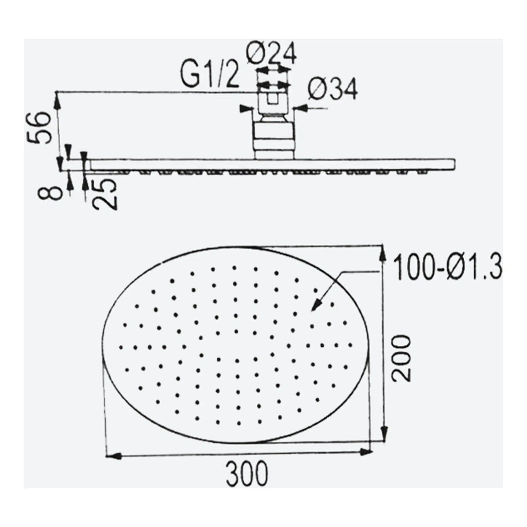 High-quality shower head with detailed technical drawing, including dimensions and connection size for bathroom plumbing installations. Suitable for modern bathroom renovation projects.