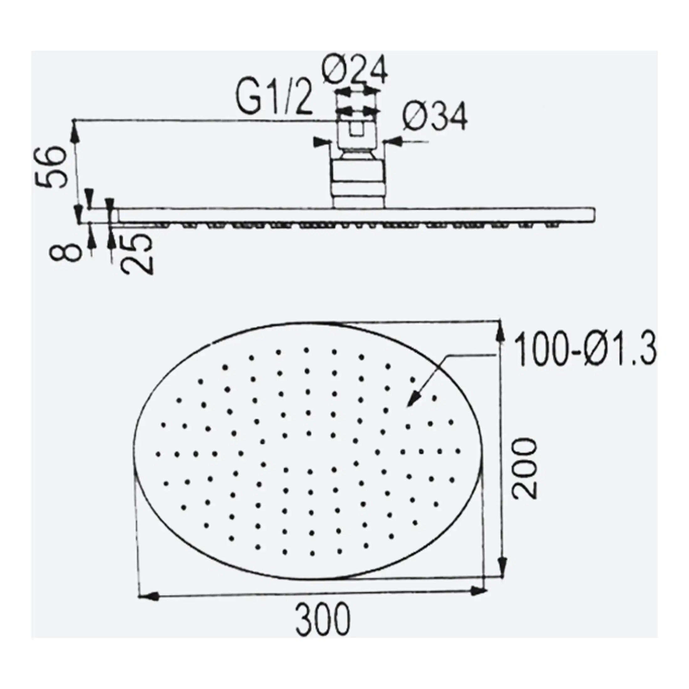 High-quality shower head with detailed technical drawing, including dimensions and connection size for bathroom plumbing installations. Suitable for modern bathroom renovation projects.