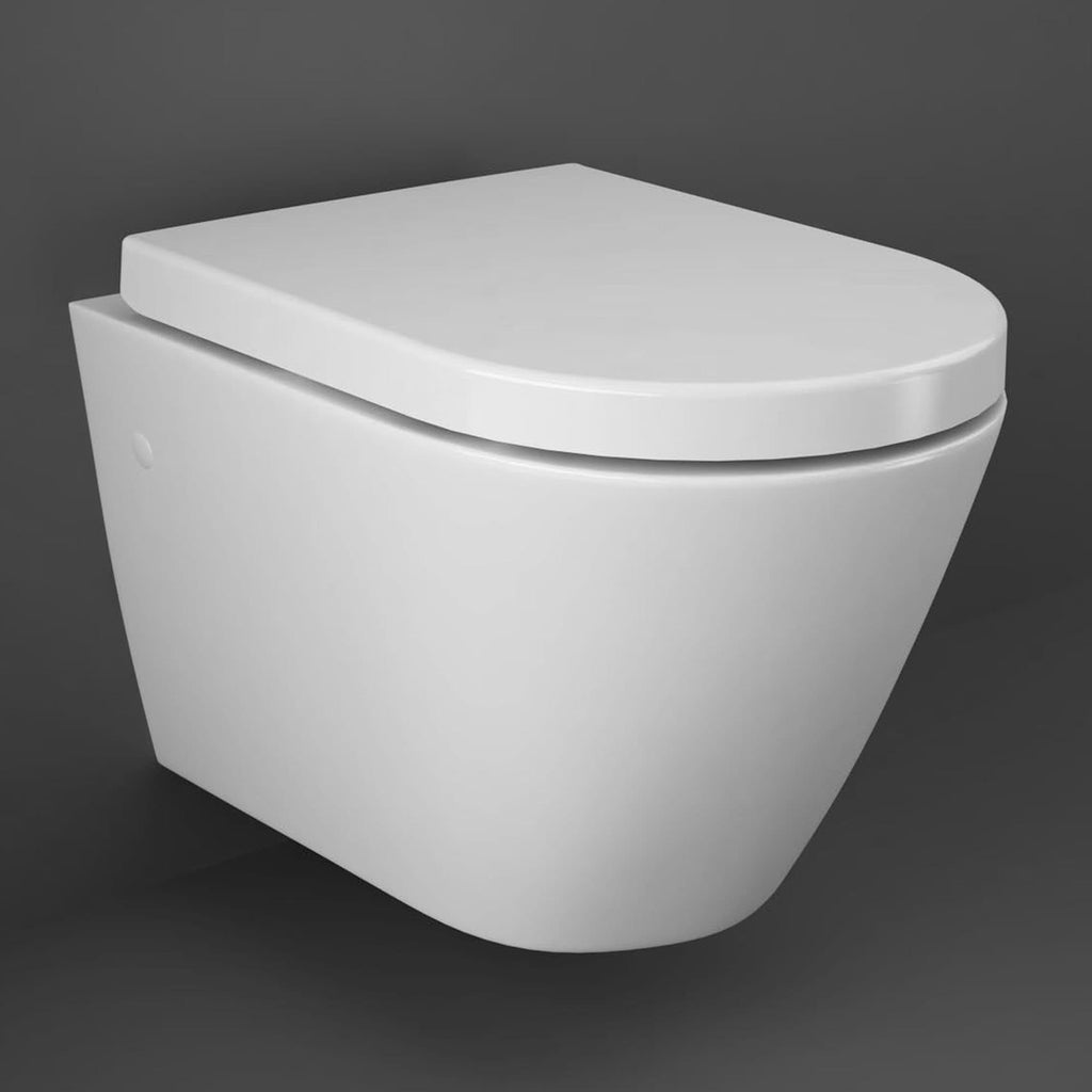 Sleek modern white toilet with a closed lid, designed for contemporary bathrooms, showcasing high-quality sanitary ware from Bubly Bathrooms.