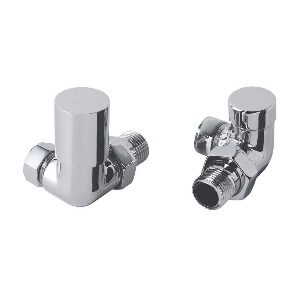 Shiny chrome angled radiator valves for bathroom heating, designed for easy installation and durability. Modern, high-quality fittings ideal for plumbing and central heating systems.