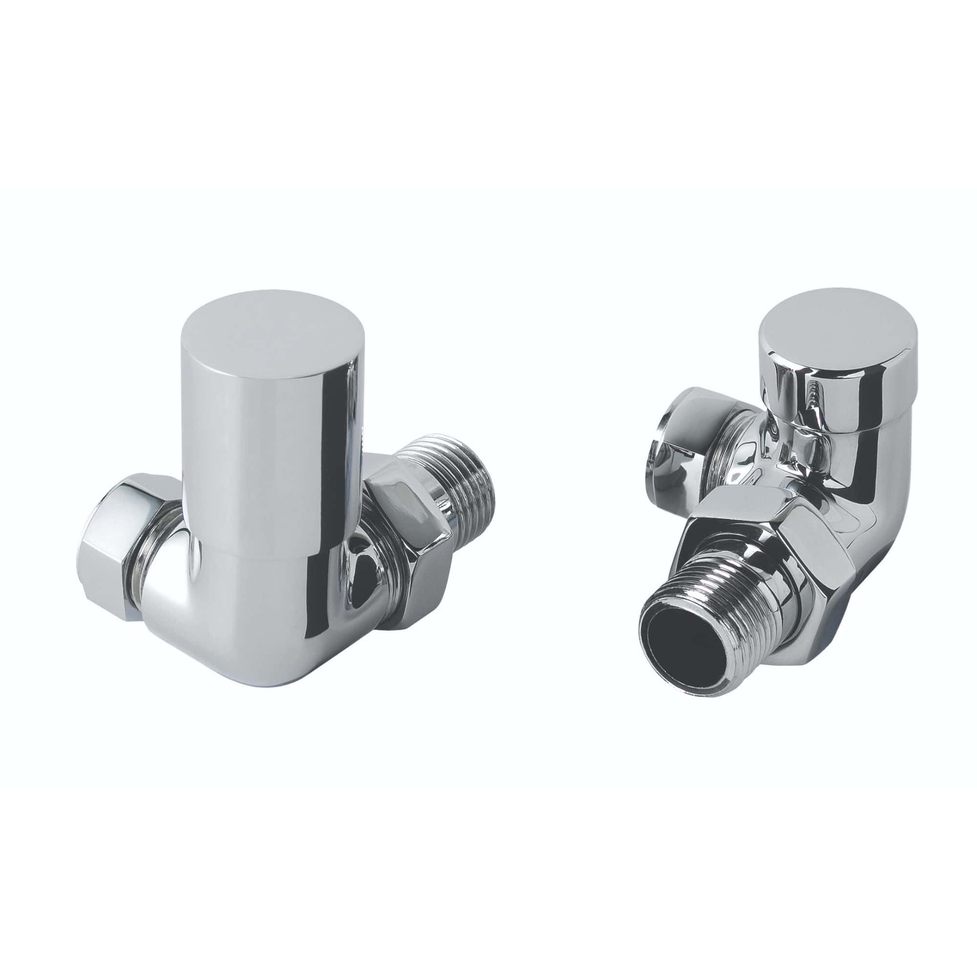 Shiny chrome angled radiator valves for bathroom heating, designed for easy installation and durability. Modern, high-quality fittings ideal for plumbing and central heating systems.