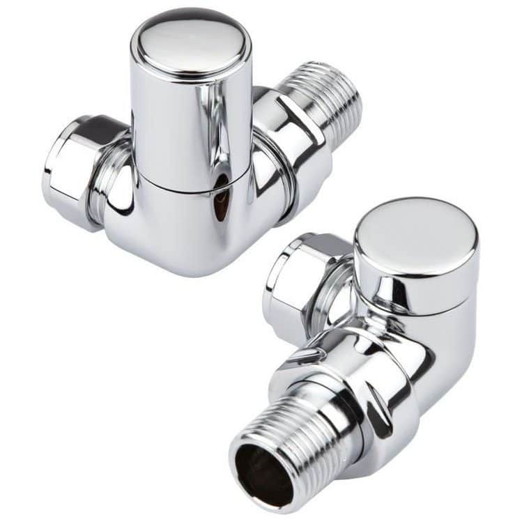 Chrome thermostatic radiator valves for efficient bathroom heating, available from Bubly Bathrooms, enhancing your bathroom decor with modern, reliable plumbing fixtures.
