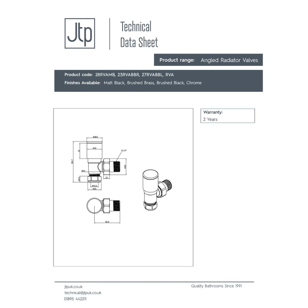 Angled radiator valve for bathroom heating systems, available in matte black, brushed brass, and chrome finishes, designed for easy installation and durable performance.