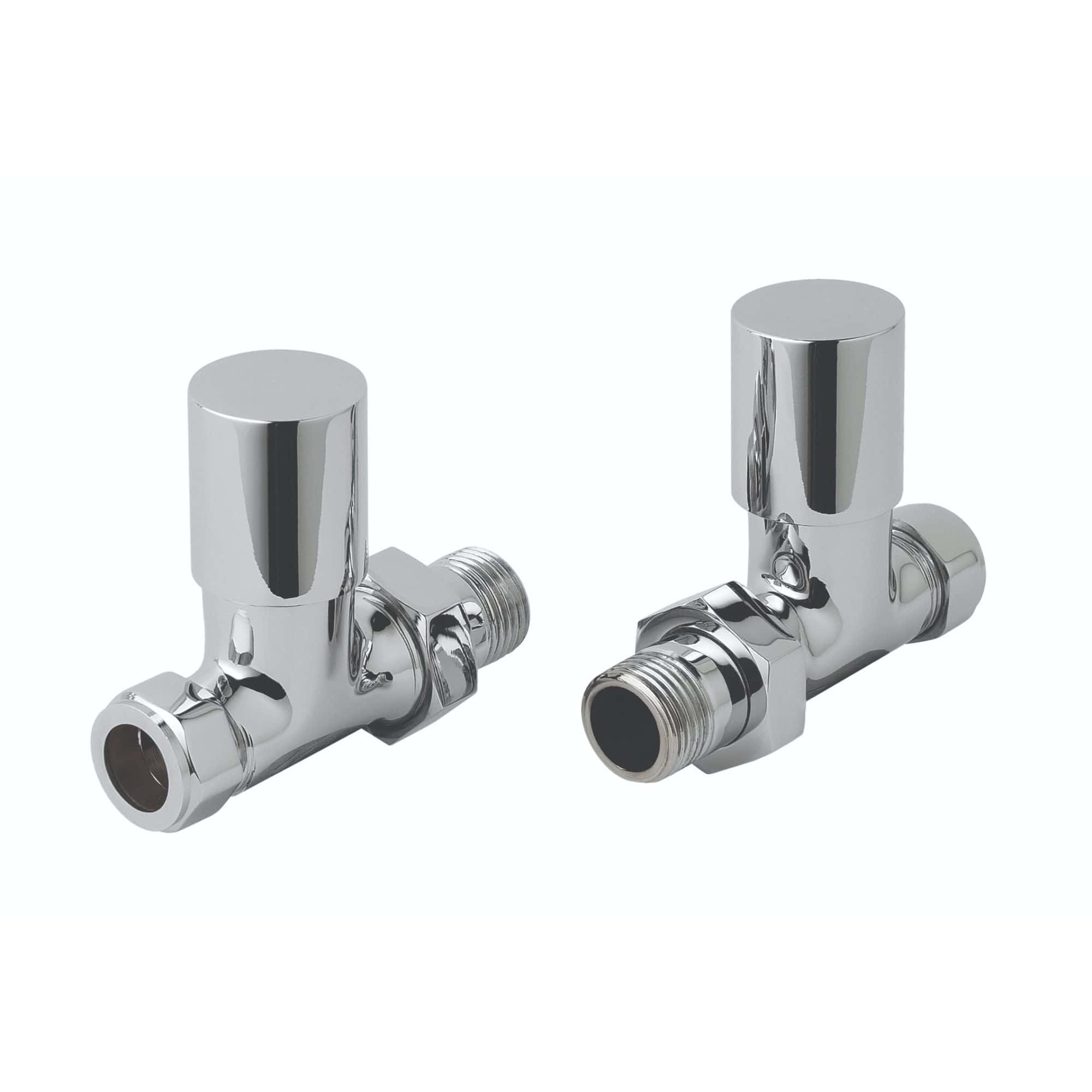 Chrome thermostatic radiator valve pair for bathroom heating control, compatible with Bubly Bathrooms radiator systems, ideal for modern bathroom heating solutions in UK homes.