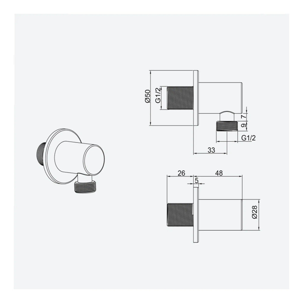 High-quality bathroom wall outlet with detailed technical specifications, threaded connections, and dimensions for plumbing and installation purposes.