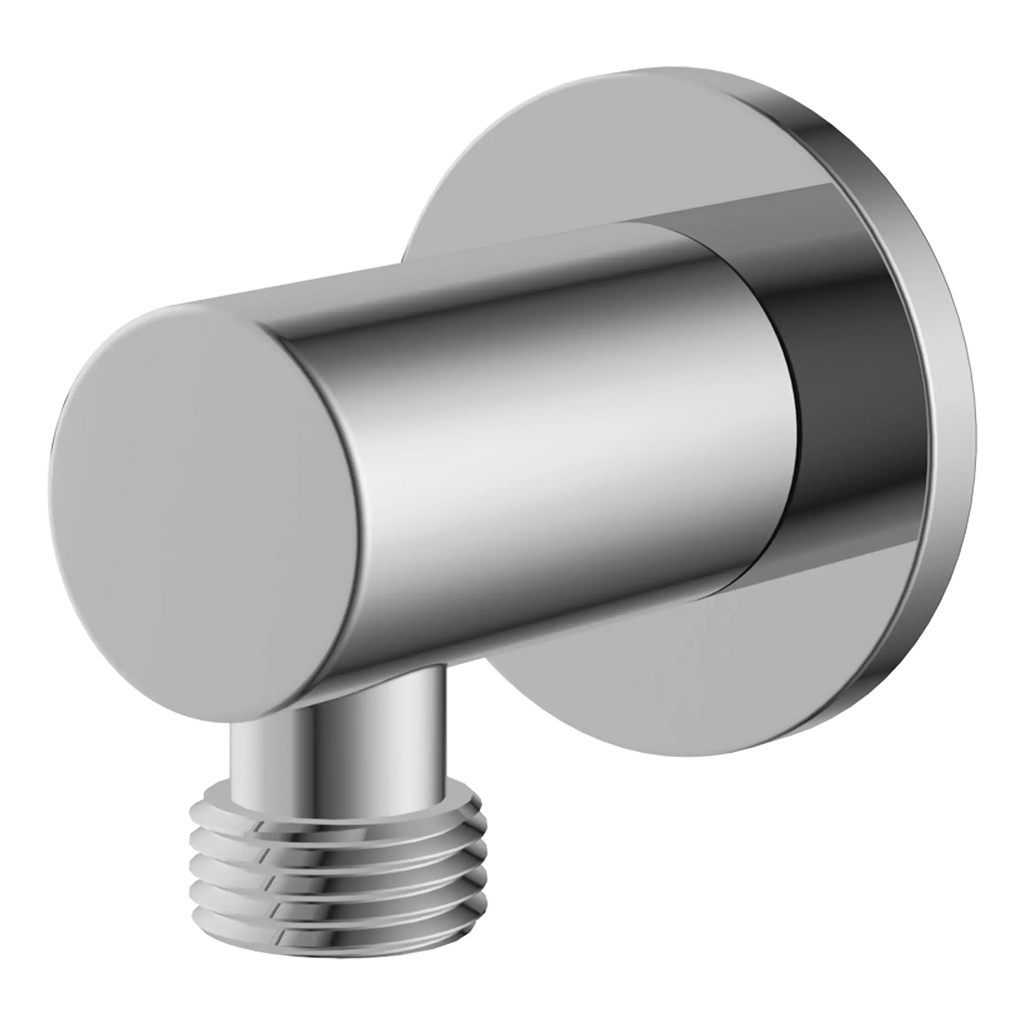 Shower valve handle in polished chrome with sleek modern design for bathroom fixtures.