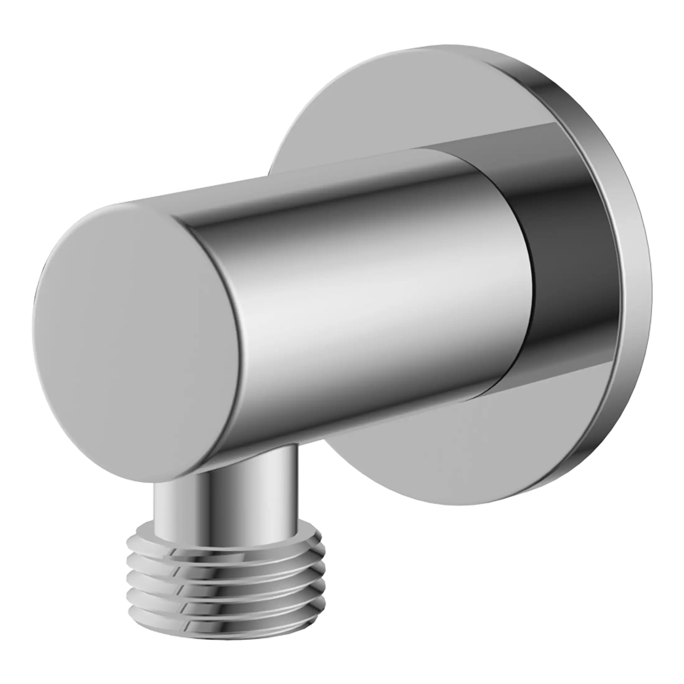 Shower valve handle in polished chrome with sleek modern design for bathroom fixtures.