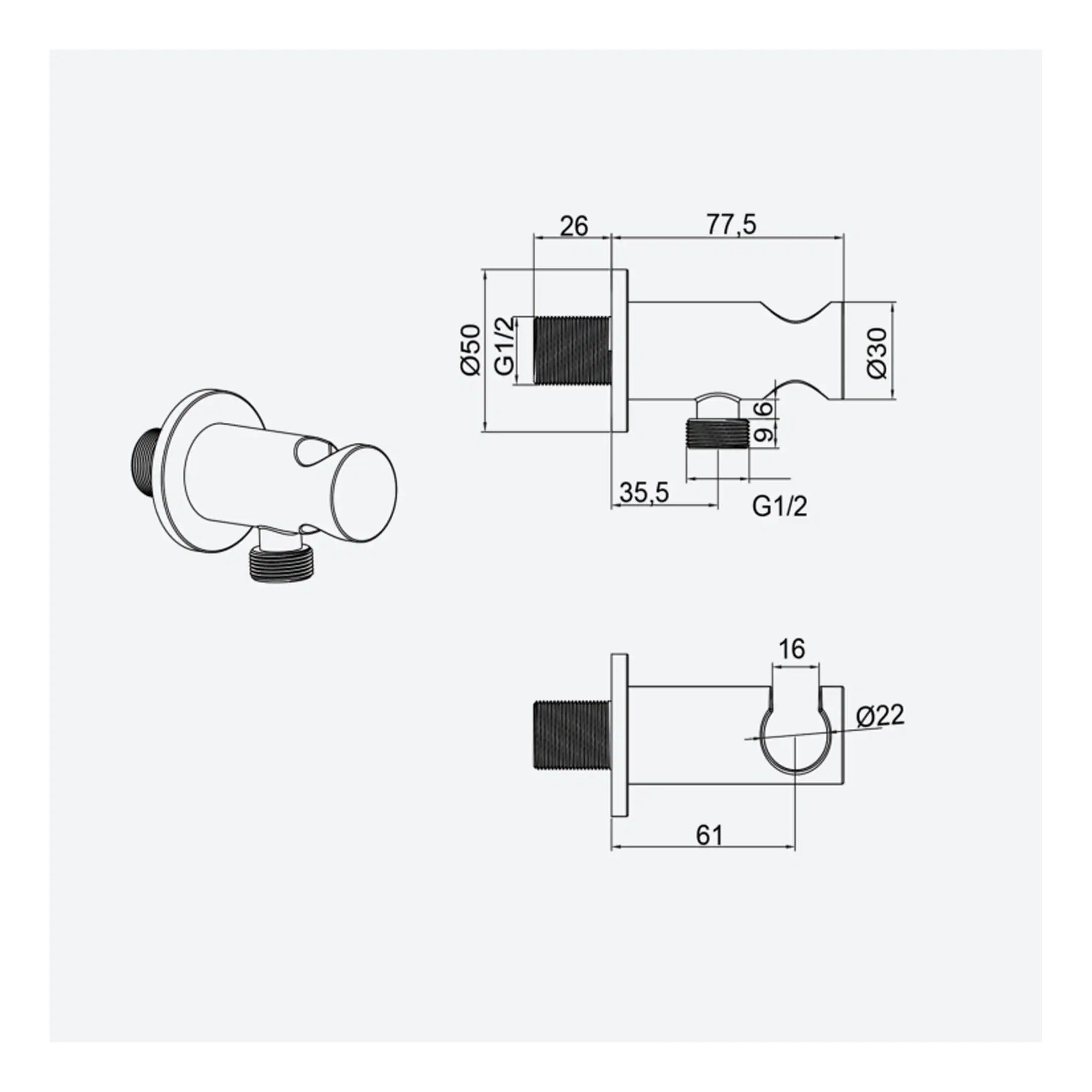 Precision bathroom fill valve technical drawing with detailed measurements for installation and fitting.