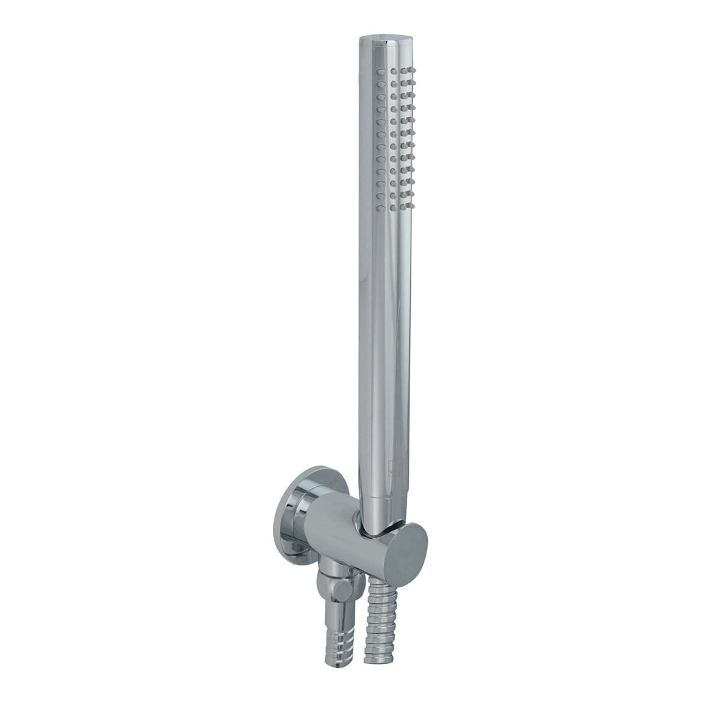 Shower handrail and adjustable mounting bracket in sleek chrome finish, ideal for modern bathrooms, featuring multiple nozzles for customizable water spray. Perfect for Bubly Bathrooms.