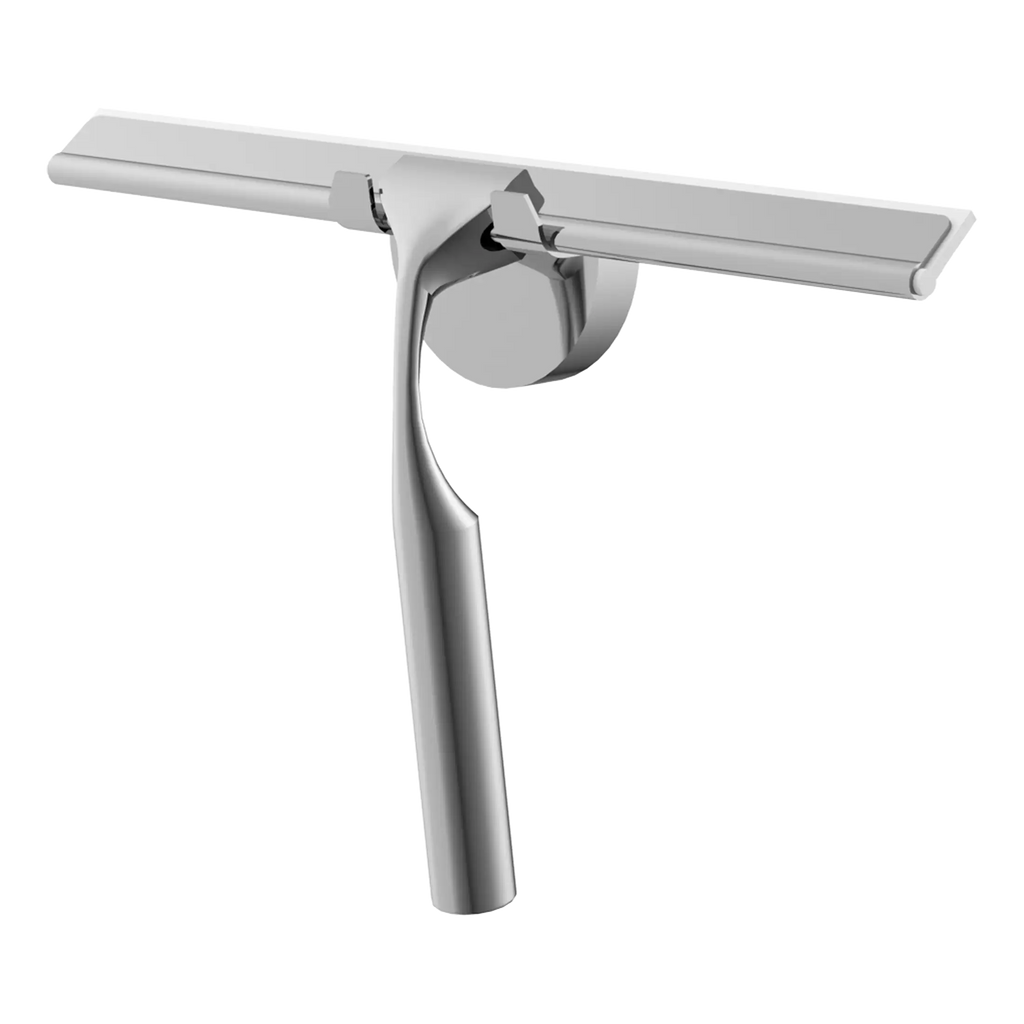 Modern silver shower head with adjustable arm, stainless steel finish, ideal for contemporary bathroom designs.