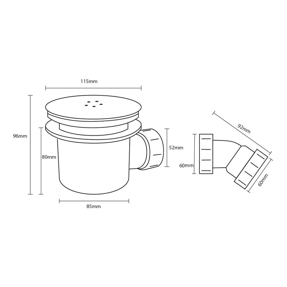 Scudo Fast Flow Waste - Brushed Brass - technical drawing with dimensions