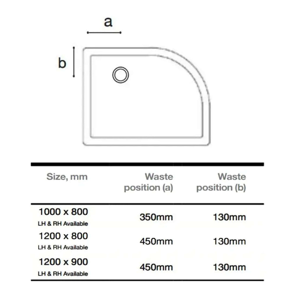 Compact shower tray technical diagram with measurement specifications and waste outlet positions for modern bathroom installations.