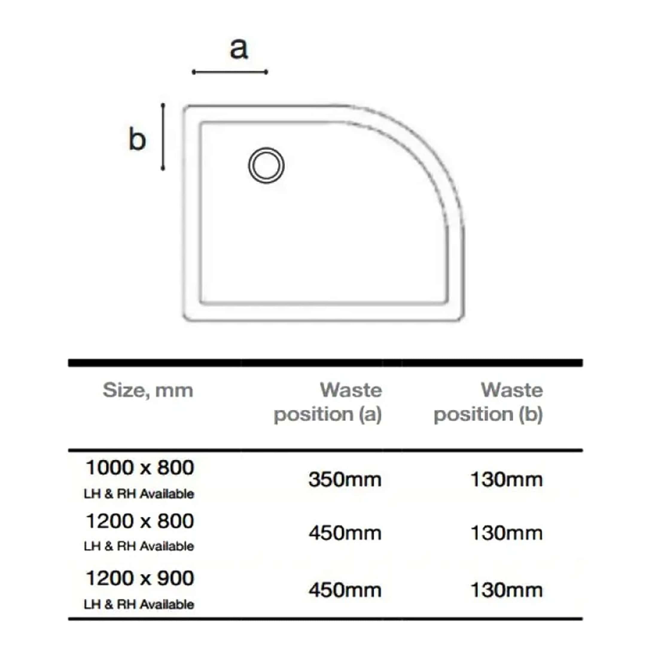 Compact shower tray technical diagram with measurement specifications and waste outlet positions for modern bathroom installations.
