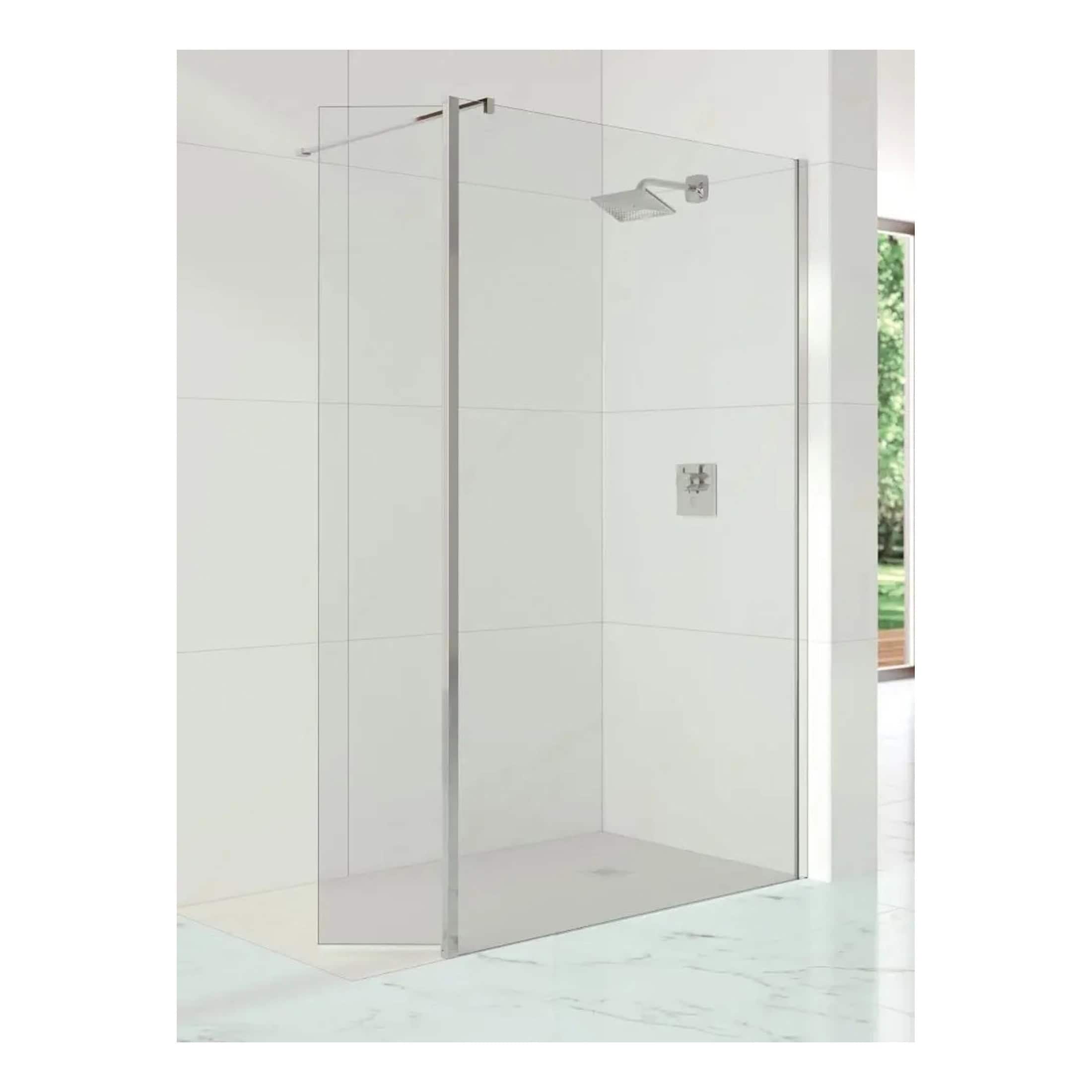 Seamless glass shower enclosure with modern square rainfall shower head, minimalist design, chrome fittings, ideal for contemporary bathrooms.