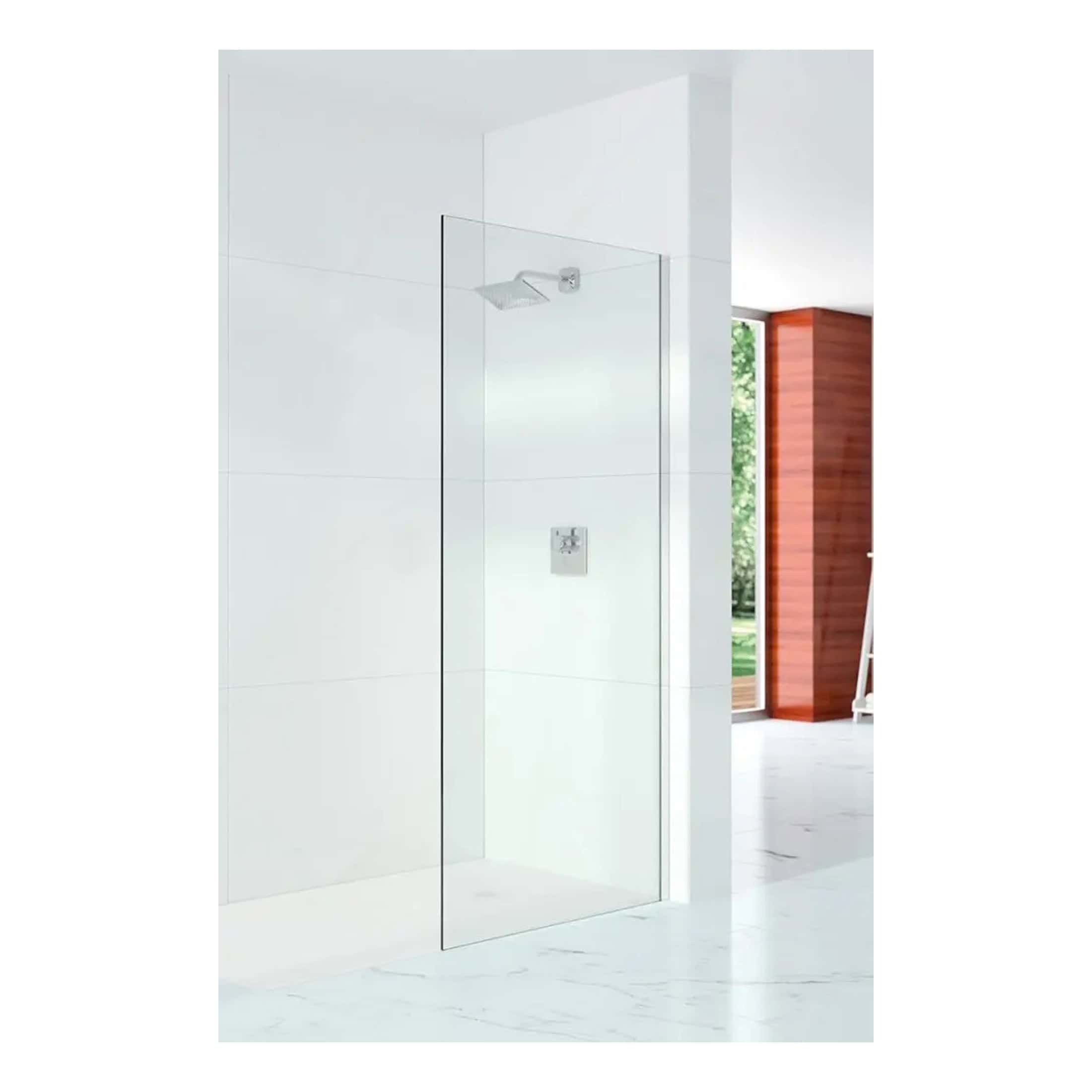 Clear frameless shower screen with modern wall-mounted showerhead and sleek controls, ideal for contemporary bathroom renovations and creating a minimalist, spacious shower area.