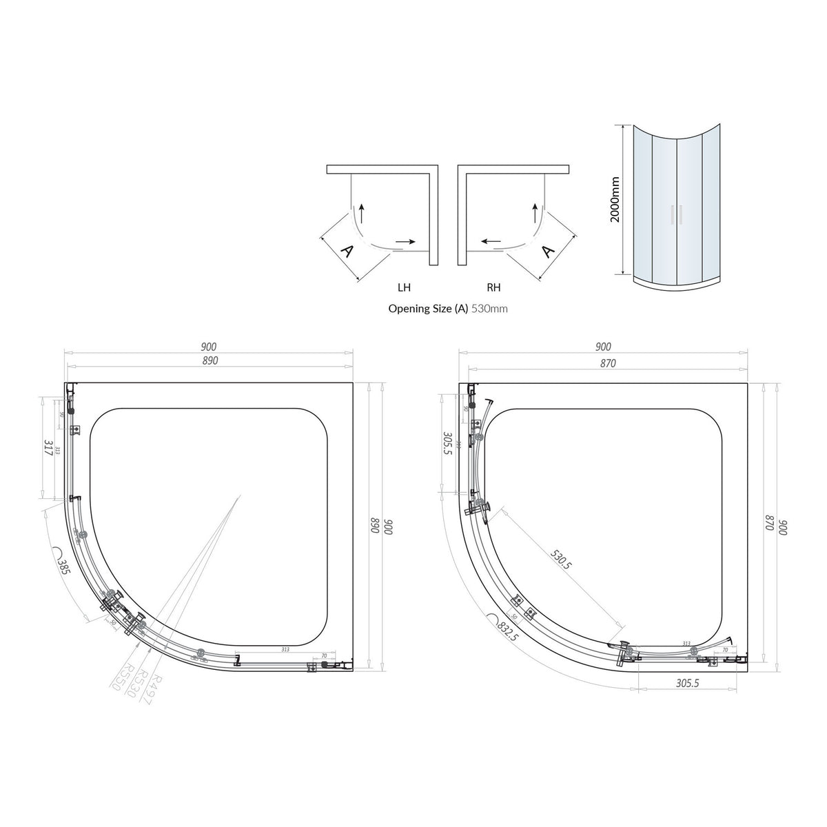 Scudo S6 Brushed Brass Double Door Quadrant Shower Enclosure - technical drawing with dimensions
