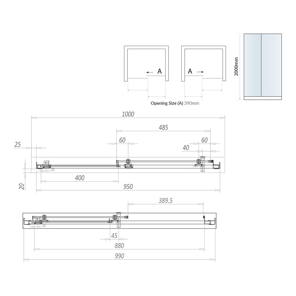 Scudo S6 Pivot Shower Door With Side Panel - technical drawing with dimensions