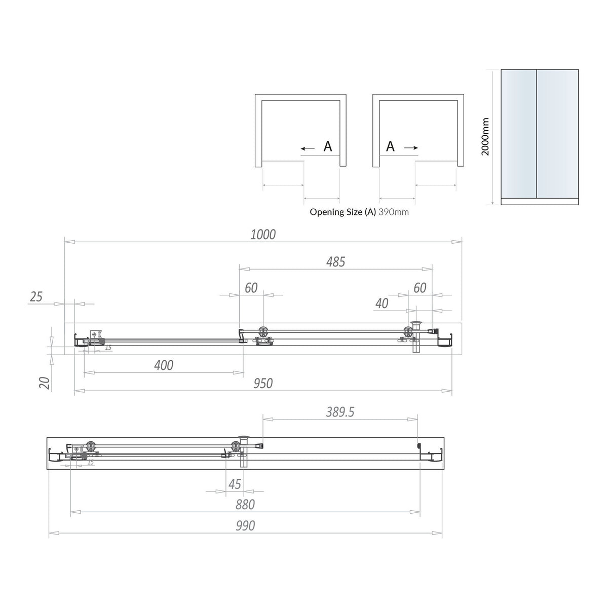 Scudo S6 Pivot Shower Door With Side Panel - technical drawing with dimensions