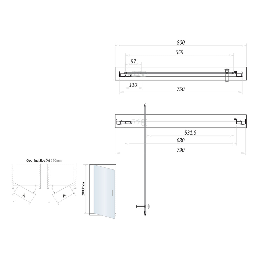 Scudo S6 Pivot Shower Door With Side Panel - technical drawing with dimensions
