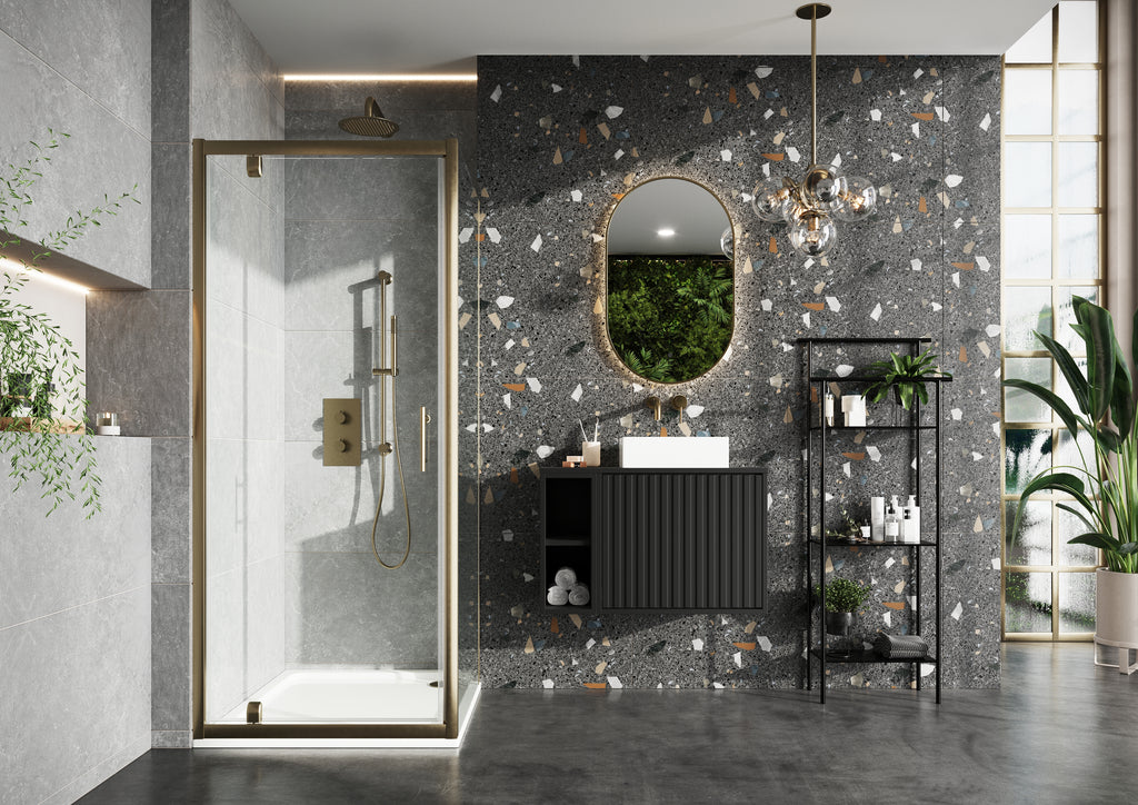 Scudo S6 Pivot Shower Door With Side Panel - lifestyle