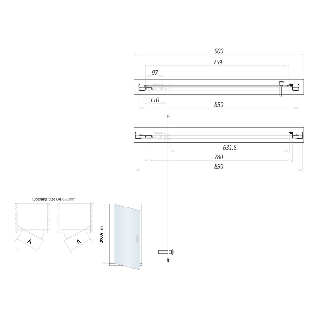 Scudo S6 Pivot Shower Door With Side Panel - technical drawing with dimensions