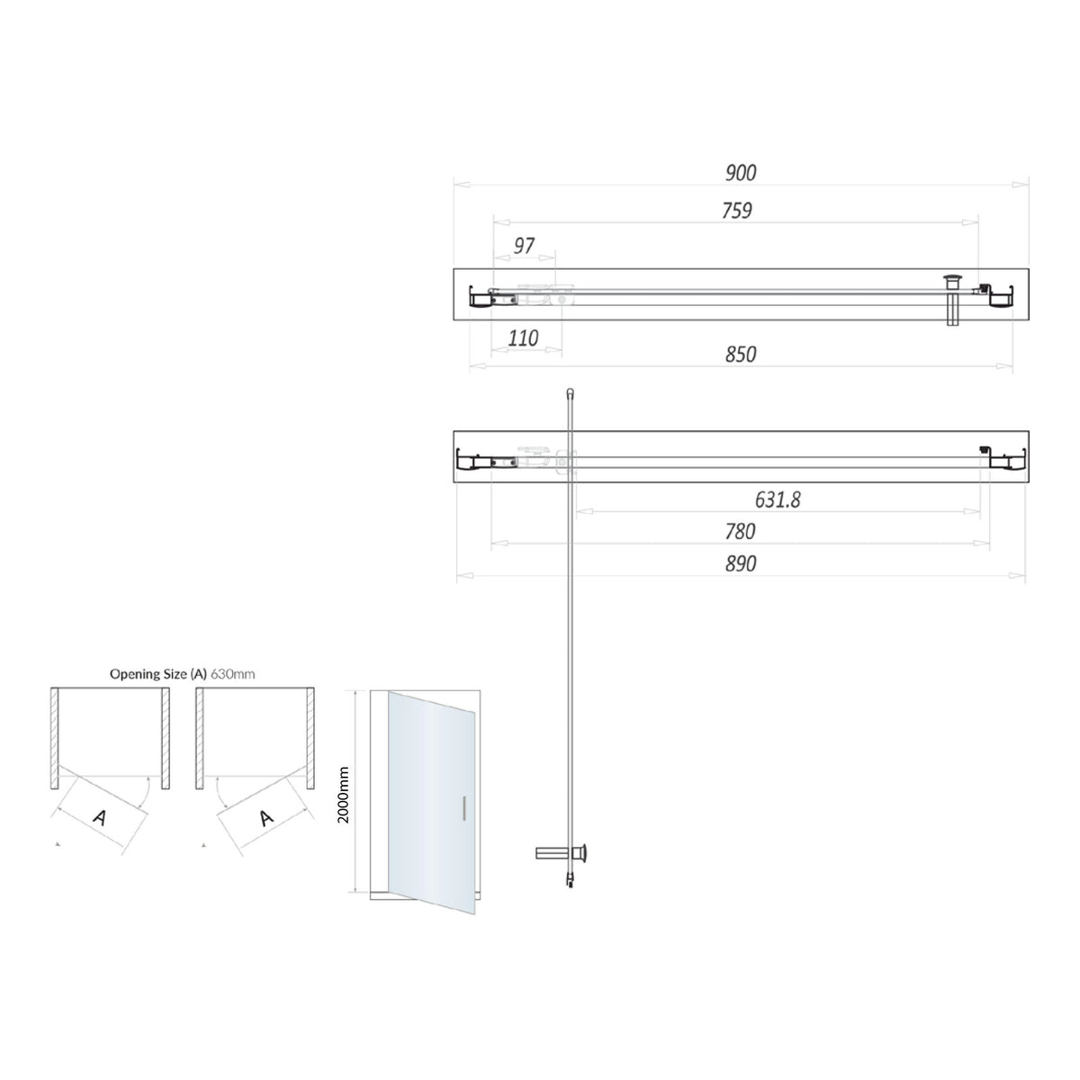 Scudo S6 Pivot Shower Door With Side Panel - technical drawing with dimensions