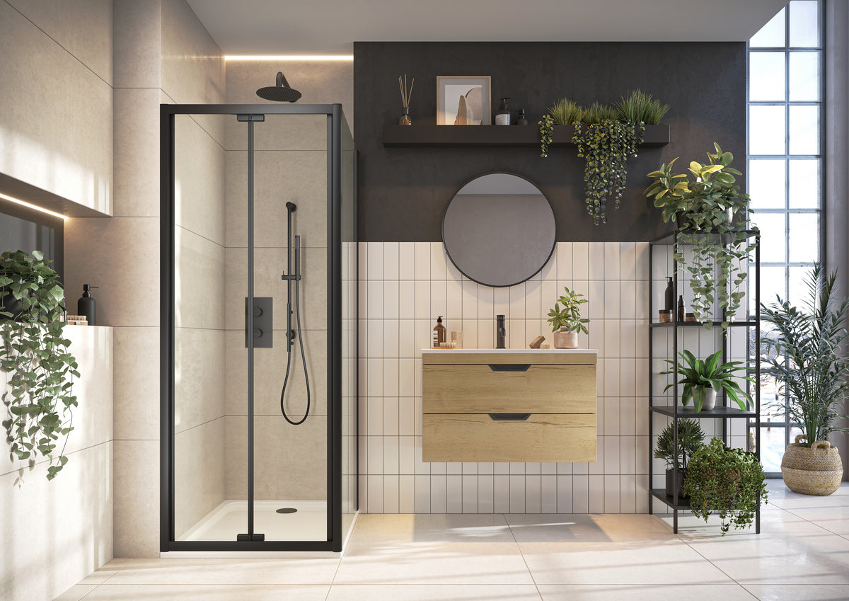 Scudo S6 Black Semi Frameless Bi Fold Shower Door With Side Panel - lifestyle