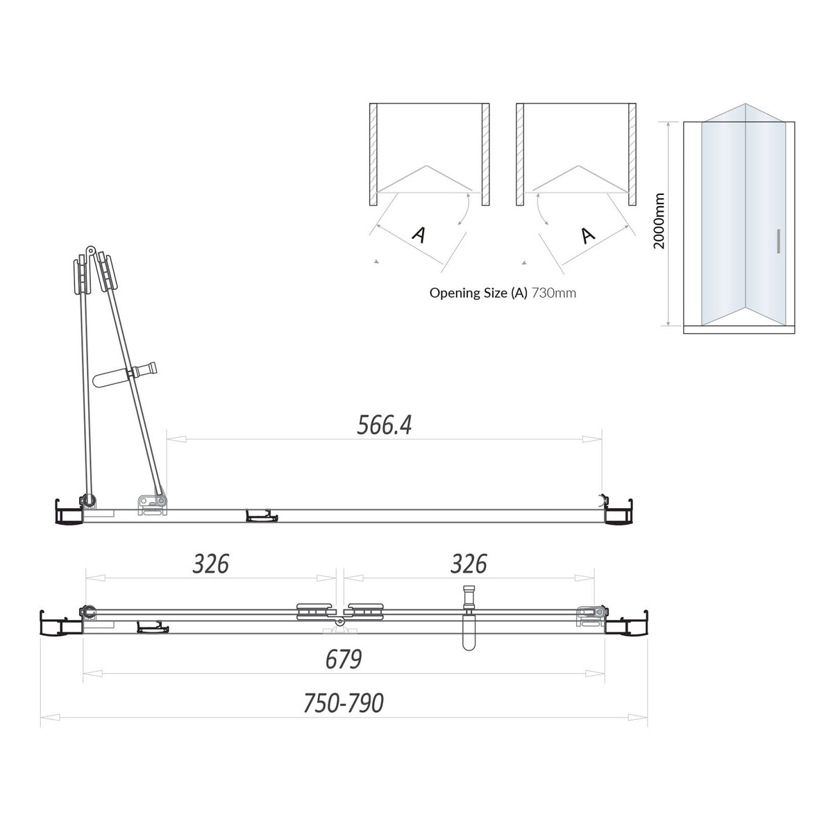 Scudo S6 Black Semi Frameless Bi Fold Shower Door With Side Panel - technical drawing with dimensions