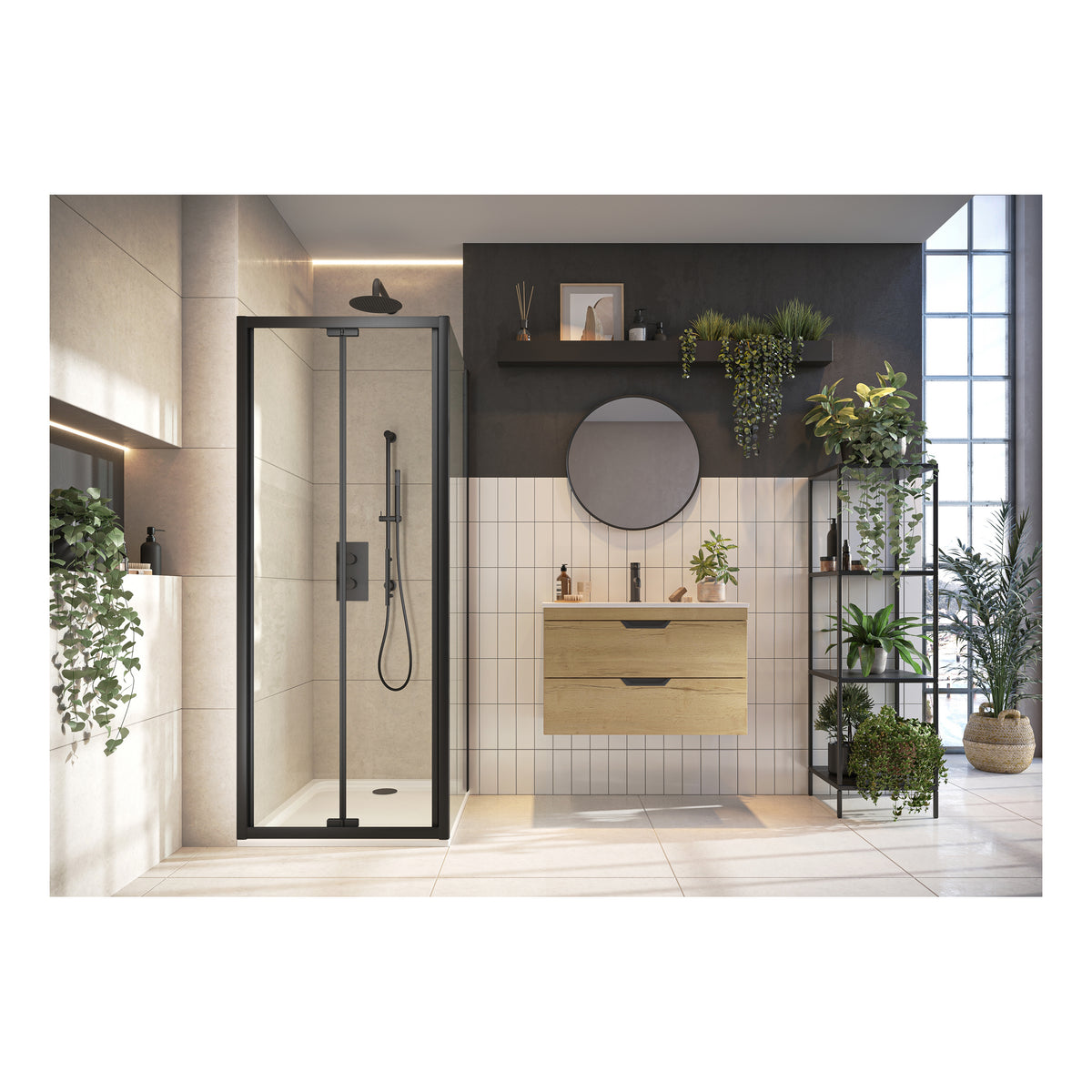 Scudo S6 Black Semi Frameless Bi Fold Shower Door With Side Panel