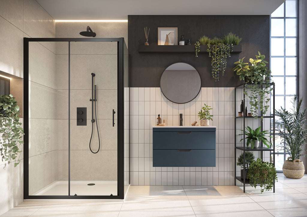 Scudo S6 Black Semi Frameless Bi Fold Shower Door With Side Panel - lifestyle