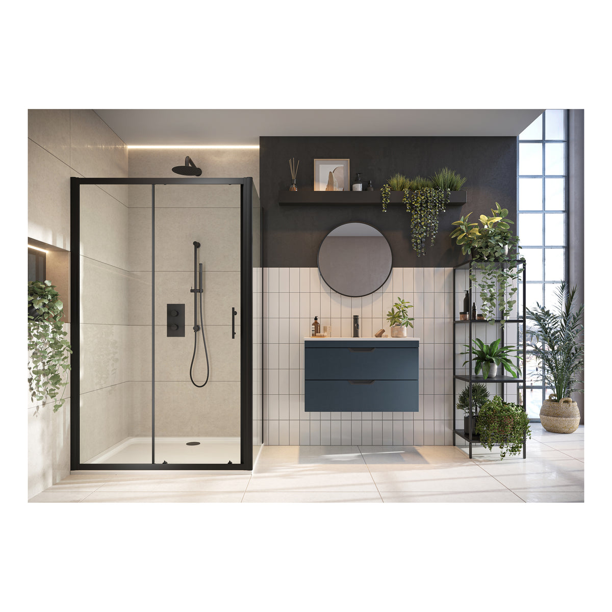 Scudo S6 Black Semi Frameless Bi Fold Shower Door With Side Panel