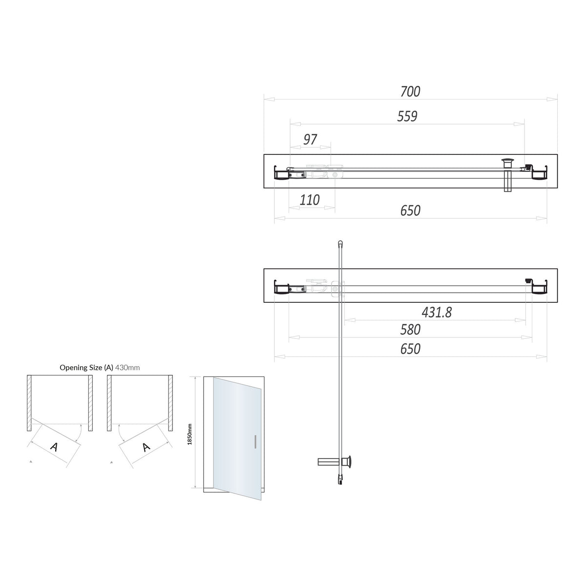 Scudo S6 Pivot Shower Door With Side Panel - technical drawing with dimensions