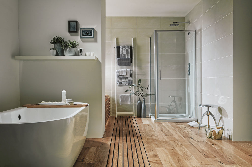 Scudo S6 Pivot Shower Door With Side Panel - lifestyle