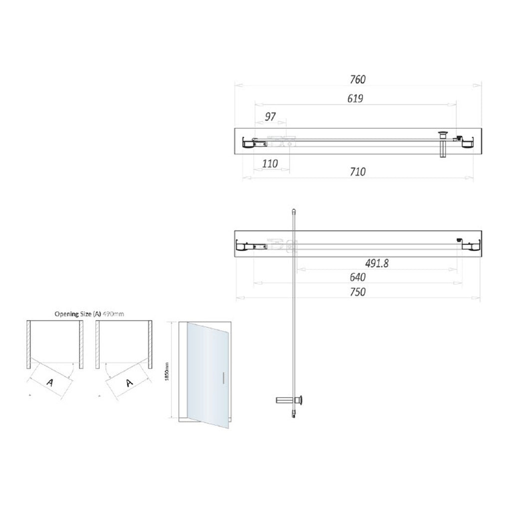 Scudo S6 Pivot Shower Door With Side Panel - technical drawing with dimensions