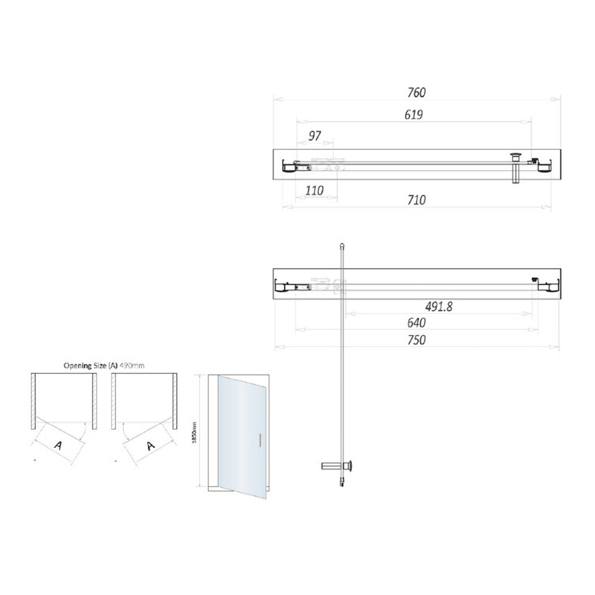 Scudo S6 Pivot Shower Door With Side Panel - technical drawing with dimensions