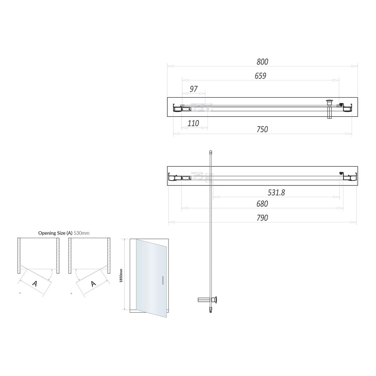 Scudo S6 Pivot Shower Door With Side Panel - technical drawing with dimensions