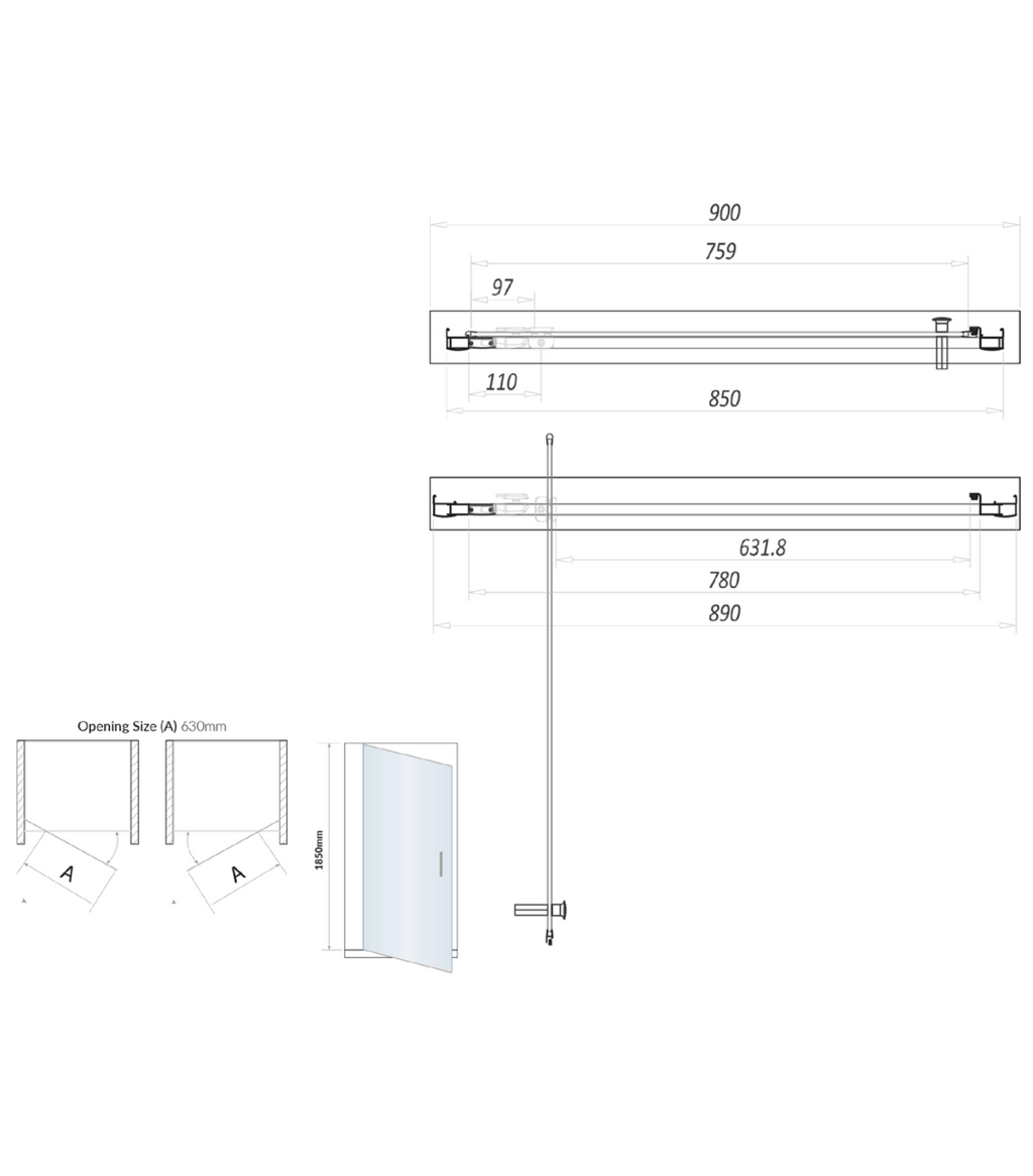 Scudo S6 Pivot Shower Door With Side Panel - technical drawing with dimensions