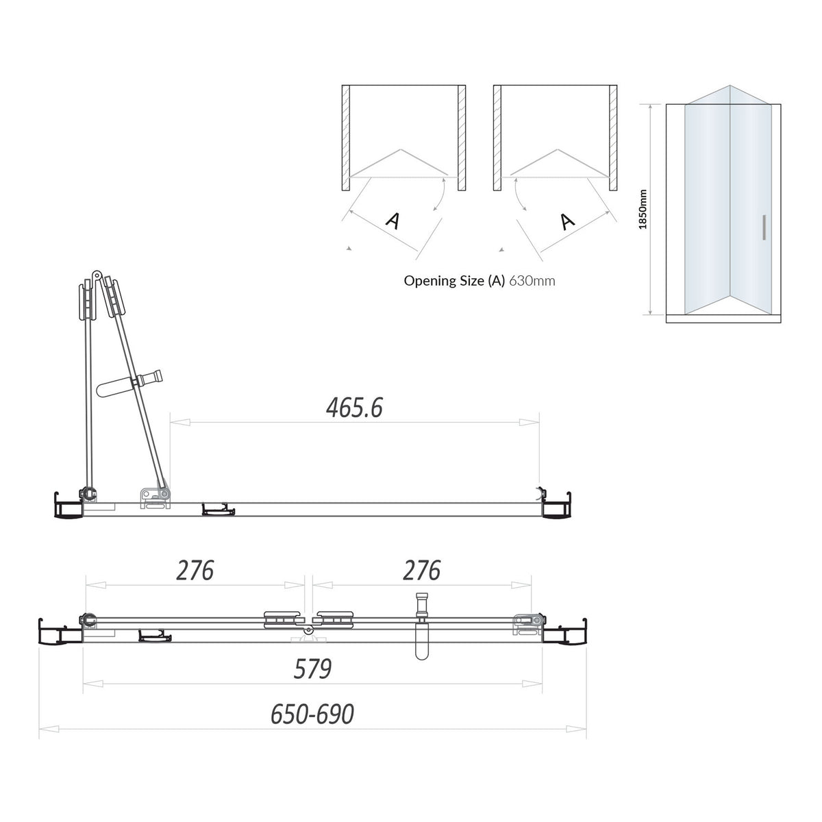 Scudo S6 Semi Frameless Bi Fold Shower Door With Side Panel - technical drawing with dimensions